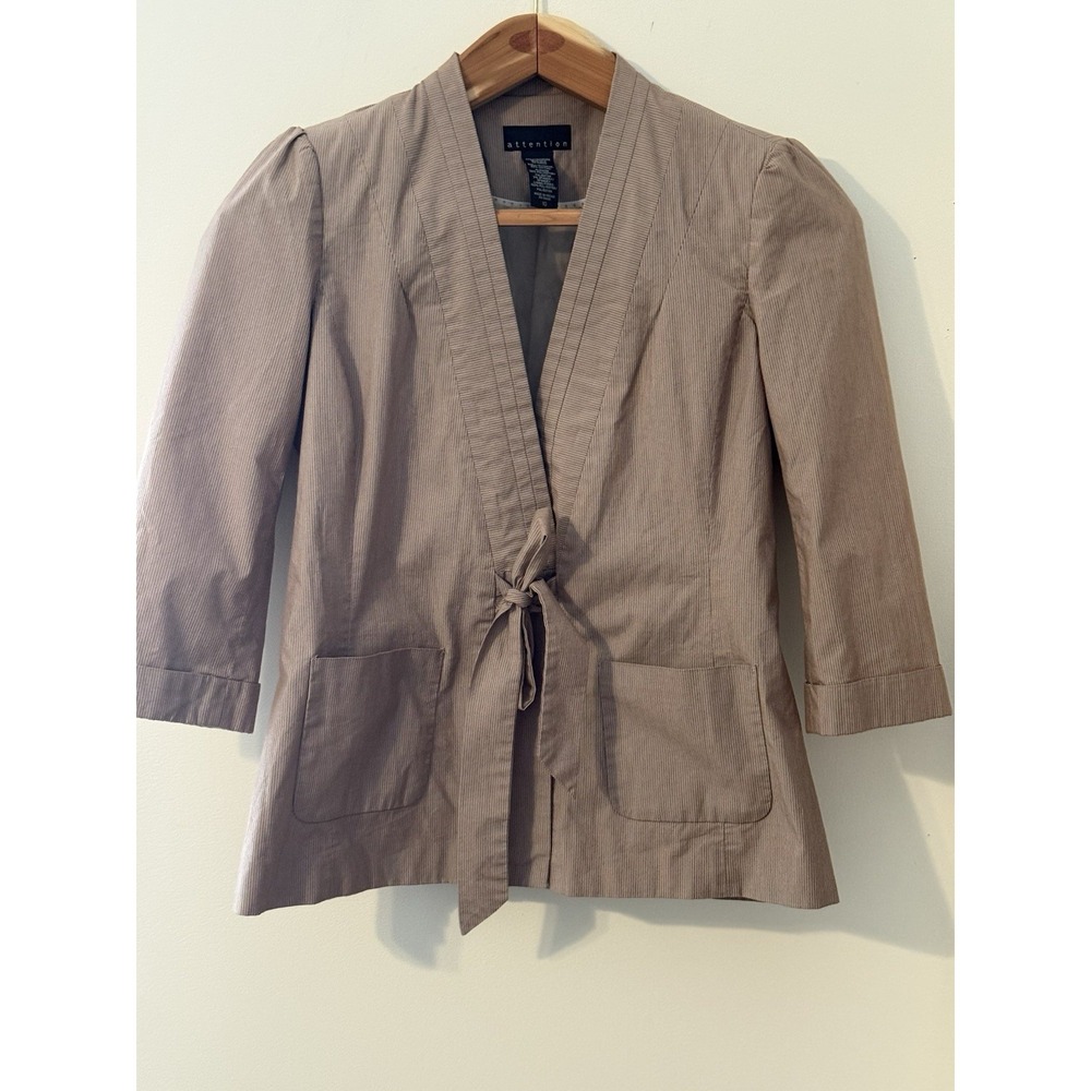 Attention‎ Women's Beige Pinstripe Blazer 3/4 Sleeve Size10 Classic Tailored bow